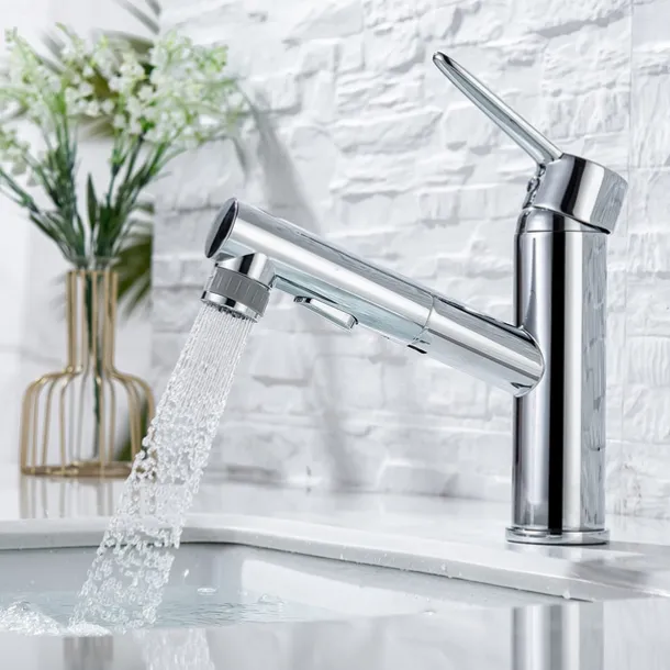 Bathroom Sink Mixer Faucet Pull Out Sprayer 2 Mode Spout with Stop Button, Single Handle Washroom Basin Taps Mono with Cold and Hot Hose Chrome Black Golden