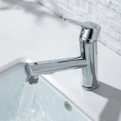 Bathroom Sink Mixer Faucet Pull Out Sprayer 2 Mode Spout with Stop Button, Single Handle Washroom Basin Taps Mono with Cold and Hot Hose Chrome Black Golden