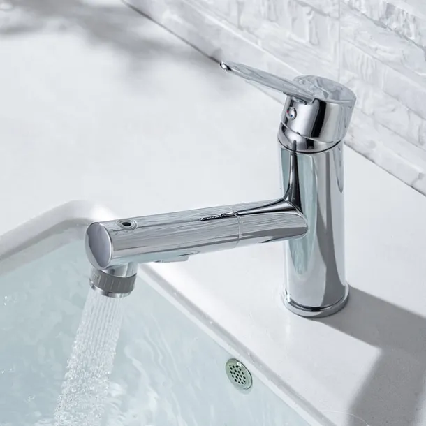 Bathroom Sink Mixer Faucet Pull Out Sprayer 2 Mode Spout with Stop Button, Single Handle Washroom Basin Taps Mono with Cold and Hot Hose Chrome Black Golden