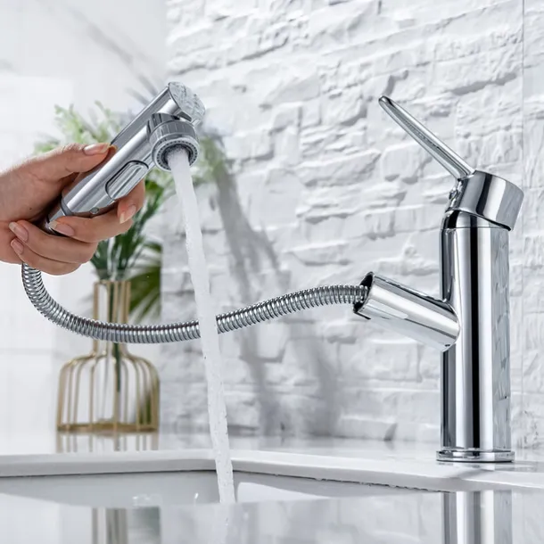 Bathroom Sink Mixer Faucet Pull Out Sprayer 2 Mode Spout with Stop Button, Single Handle Washroom Basin Taps Mono with Cold and Hot Hose Chrome Black Golden