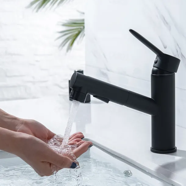 Bathroom Sink Mixer Faucet Pull Out Sprayer 2 Mode Spout with Stop Button, Single Handle Washroom Basin Taps Mono with Cold and Hot Hose Chrome Black Golden