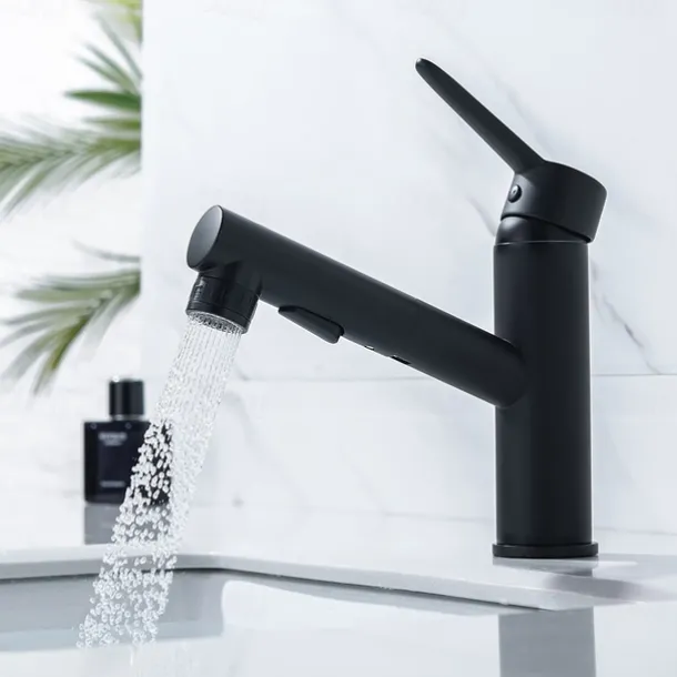 Bathroom Sink Mixer Faucet Pull Out Sprayer 2 Mode Spout with Stop Button, Single Handle Washroom Basin Taps Mono with Cold and Hot Hose Chrome Black Golden