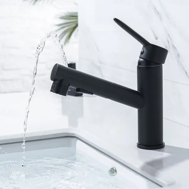 Bathroom Sink Mixer Faucet Pull Out Sprayer 2 Mode Spout with Stop Button, Single Handle Washroom Basin Taps Mono with Cold and Hot Hose Chrome Black Golden