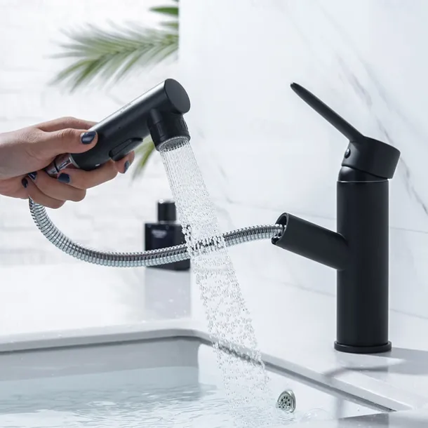 Bathroom Sink Mixer Faucet Pull Out Sprayer 2 Mode Spout with Stop Button, Single Handle Washroom Basin Taps Mono with Cold and Hot Hose Chrome Black Golden