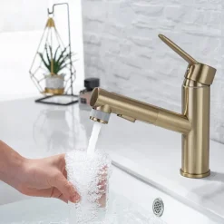 Bathroom Sink Mixer Faucet Pull Out Sprayer 2 Mode Spout with Stop Button, Single Handle Washroom Basin Taps Mono with Cold and Hot Hose Chrome Black Golden