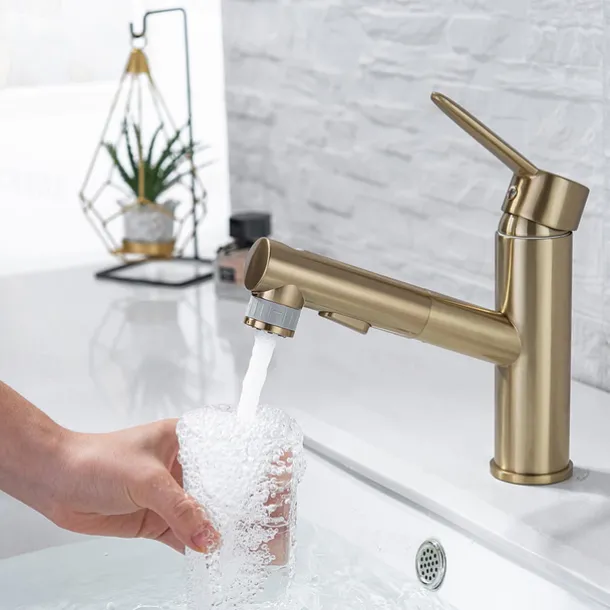 Bathroom Sink Mixer Faucet Pull Out Sprayer 2 Mode Spout with Stop Button, Single Handle Washroom Basin Taps Mono with Cold and Hot Hose Chrome Black Golden