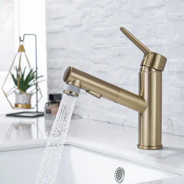 Bathroom Sink Mixer Faucet Pull Out Sprayer 2 Mode Spout with Stop Button, Single Handle Washroom Basin Taps Mono with Cold and Hot Hose Chrome Black Golden