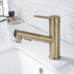 Bathroom Sink Mixer Faucet Pull Out Sprayer 2 Mode Spout with Stop Button, Single Handle Washroom Basin Taps Mono with Cold and Hot Hose Chrome Black Golden