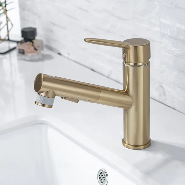 Bathroom Sink Mixer Faucet Pull Out Sprayer 2 Mode Spout with Stop Button, Single Handle Washroom Basin Taps Mono with Cold and Hot Hose Chrome Black Golden