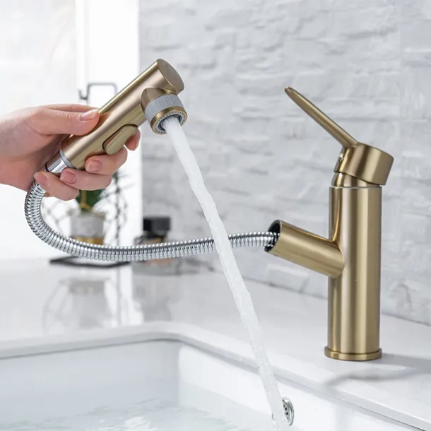 Bathroom Sink Mixer Faucet Pull Out Sprayer 2 Mode Spout with Stop Button, Single Handle Washroom Basin Taps Mono with Cold and Hot Hose Chrome Black Golden