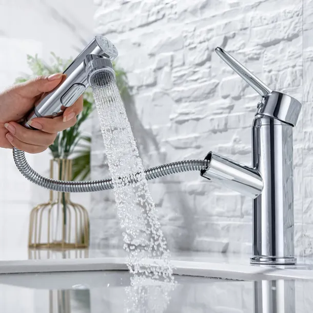 Bathroom Sink Mixer Faucet Pull Out Sprayer 2 Mode Spout with Stop Button, Single Handle Washroom Basin Taps Mono with Cold and Hot Hose Chrome Black Golden