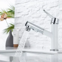 Bathroom Sink Mixer Faucet Pull Out Sprayer 2 Mode Spout with Stop Button, Single Handle Washroom Basin Taps Mono with Cold and Hot Hose Chrome Black Golden