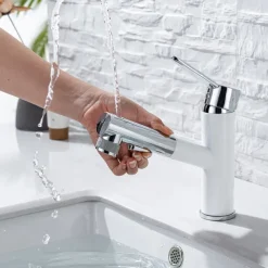 Bathroom Sink Mixer Faucet Pull Out Sprayer 2 Mode Spout with Stop Button, Single Handle Washroom Basin Taps Mono with Cold and Hot Hose Chrome Black Golden