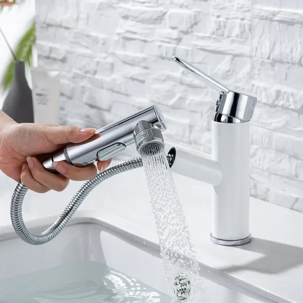 Bathroom Sink Mixer Faucet Pull Out Sprayer 2 Mode Spout with Stop Button, Single Handle Washroom Basin Taps Mono with Cold and Hot Hose Chrome Black Golden