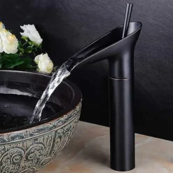 Bathroom Sink Mixer Faucet Waterfall Traditional Antique Brass, Retro Style Washroom Basin Taps Single Handle One Hole Deck Mounted, Monobloc Bathroom Faucet with Hot and Cold Hose