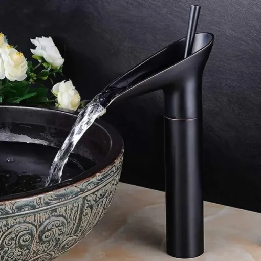 Bathroom Sink Mixer Faucet Waterfall Traditional Antique Brass, Retro Style Washroom Basin Taps Single Handle One Hole Deck Mounted, Monobloc Bathroom Faucet with Hot and Cold Hose