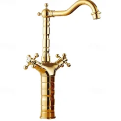Bathroom Sink Mixer Faucet Short Tall Vessel Basin Taps, Vintage Brass Twin Handle Tap with Cold and Hot Hose