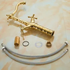 Bathroom Sink Mixer Faucet Short Tall Vessel Basin Taps, Vintage Brass Twin Handle Tap with Cold and Hot Hose