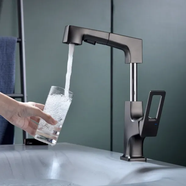 Bathroom Sink Mixer Faucet Liftable Body Pull Out 2 Mode Spout, 360° Rotatable Washroom Brass Basin Tap Deck Mounted, with Hot and Cold Water Vessel Tap