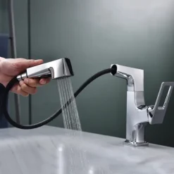 Bathroom Sink Mixer Faucet Liftable Body Pull Out 2 Mode Spout, 360° Rotatable Washroom Brass Basin Tap Deck Mounted, with Hot and Cold Water Vessel Tap