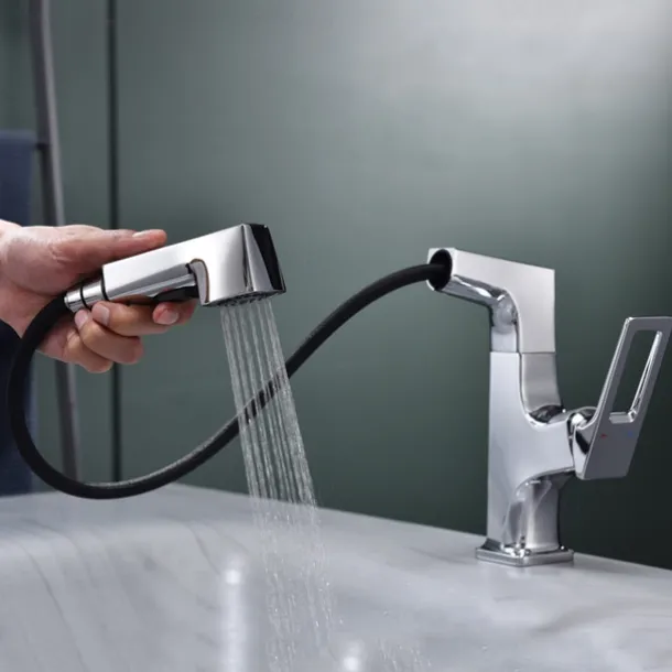 Bathroom Sink Mixer Faucet Liftable Body Pull Out 2 Mode Spout, 360° Rotatable Washroom Brass Basin Tap Deck Mounted, with Hot and Cold Water Vessel Tap