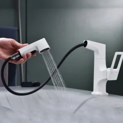 Bathroom Sink Mixer Faucet Liftable Body Pull Out 2 Mode Spout, 360° Rotatable Washroom Brass Basin Tap Deck Mounted, with Hot and Cold Water Vessel Tap