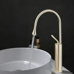 Bathroom Sink Mixer Faucet Brushed Gold Tall Deck Mounted, High Arc Vessel Tap Single Handle One Hole Standard Spout Wahsroom Basin Taps with Cold and Hot Water Hose