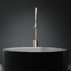 Bathroom Sink Mixer Faucet Brushed Gold Tall Deck Mounted, High Arc Vessel Tap Single Handle One Hole Standard Spout Wahsroom Basin Taps with Cold and Hot Water Hose