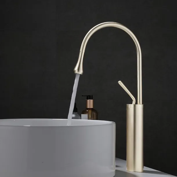 Bathroom Sink Mixer Faucet Brushed Gold Tall Deck Mounted, High Arc Vessel Tap Single Handle One Hole Standard Spout Wahsroom Basin Taps with Cold and Hot Water Hose