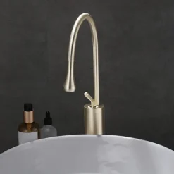 Bathroom Sink Mixer Faucet Brushed Gold Tall Deck Mounted, High Arc Vessel Tap Single Handle One Hole Standard Spout Wahsroom Basin Taps with Cold and Hot Water Hose