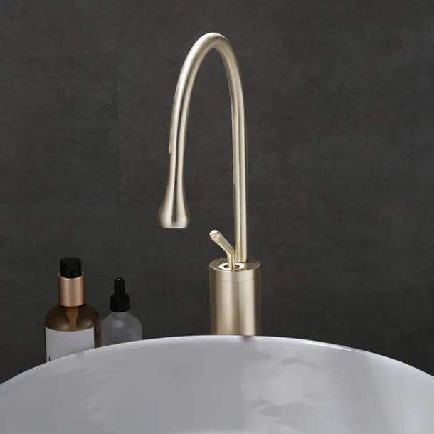 Bathroom Sink Mixer Faucet Brushed Gold Tall Deck Mounted, High Arc Vessel Tap Single Handle One Hole Standard Spout Wahsroom Basin Taps with Cold and Hot Water Hose