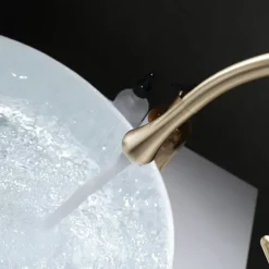 Bathroom Sink Mixer Faucet Brushed Gold Tall Deck Mounted, High Arc Vessel Tap Single Handle One Hole Standard Spout Wahsroom Basin Taps with Cold and Hot Water Hose