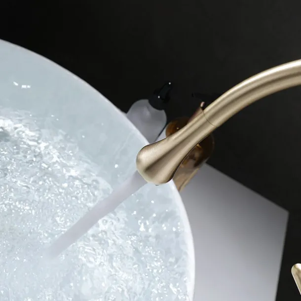 Bathroom Sink Mixer Faucet Brushed Gold Tall Deck Mounted, High Arc Vessel Tap Single Handle One Hole Standard Spout Wahsroom Basin Taps with Cold and Hot Water Hose