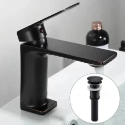 Bathroom Sink Mixer Faucet, Monobloc Washroom Basin Taps Single Handle One Hole Deck Mounted with Hot and Cold Hose