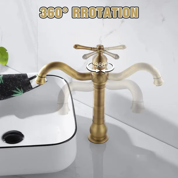 Bathroom Sink Mixer Faucet Antique Brass ORB, 360 Rotatable Basin Tap Single Handle Deck Mounted, Traditional Washroom Vessel Bath Taps