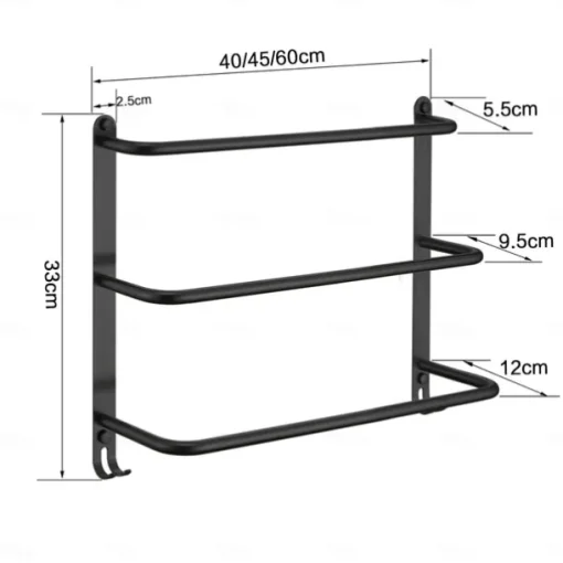 Bathroom Three-layer Shelf with Hooks Stainless Steel Multi-function Towel Rack Matte Black and Golden 1pc
