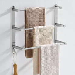 Bathroom Three-layer Shelf with Hooks Stainless Steel Multi-function Towel Rack Wall Mounted Matte Gold and Brushed Nickel 1pc