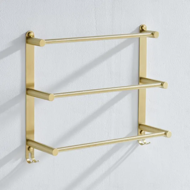Bathroom Three-layer Shelf with Hooks Stainless Steel Multi-function Towel Rack Wall Mounted Matte Gold and Brushed Nickel 1pc