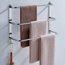 Bathroom Three-layer Shelf with Hooks Stainless Steel Multi-function Towel Rack Polished Silver and Brushed Nickel 1pc