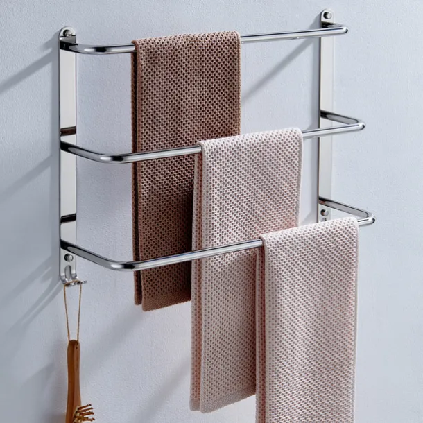 Bathroom Three-layer Shelf with Hooks Stainless Steel Multi-function Towel Rack Polished Silver and Brushed Nickel 1pc