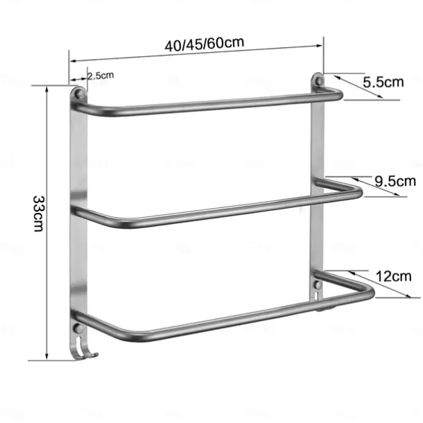 Bathroom Three-layer Shelf with Hooks Stainless Steel Multi-function Towel Rack Polished Silver and Brushed Nickel 1pc