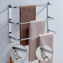 Bathroom Three-layer Shelf with Hooks Stainless Steel Multi-function Towel Rack Polished Silver and Brushed Nickel 1pc