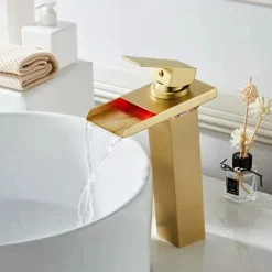 Bathroom Vessel Faucet Tall LED Waterfall Spout 3 Color Changes with Temperature, Sink Mixer Mono Basin Taps, Single Handle One Hole Brass Washroom Vessel Tap Deck Mounted