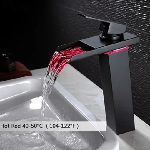 Bathroom Vessel Faucet Tall LED Waterfall Spout 3 Color Changes with Temperature, Sink Mixer Mono Basin Taps, Single Handle One Hole Brass Washroom Vessel Tap Deck Mounted