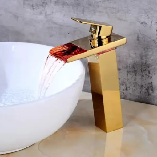 Bathroom Vessel Faucet Tall LED Waterfall Spout 3 Color Changes with Temperature, Sink Mixer Mono Basin Taps, Single Handle One Hole Brass Washroom Vessel Tap Deck Mounted