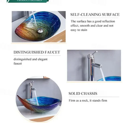 Bathroom Vessel Sink Rectangular 21"x15", Sink Mixer Faucet and Drain Combo with Pop-up Drain, Boat Shape Color Tempered Glass Artistic Vanity Sink Bowl, Above Counter Washroom Sink Art Wash Basin