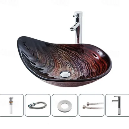 Bathroom Vessel Sink Rectangular 21"x15", Sink Mixer Faucet and Drain Combo with Pop-up Drain, Boat Shape Color Tempered Glass Artistic Vanity Sink Bowl, Above Counter Washroom Sink Art Wash Basin
