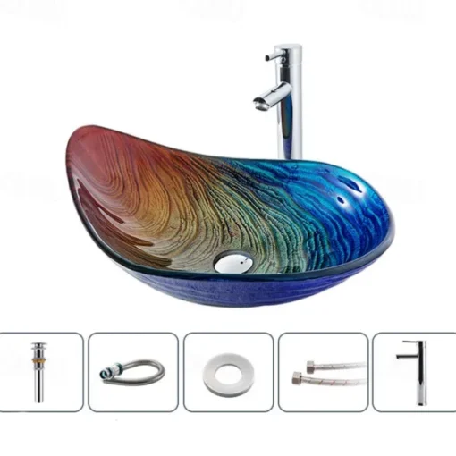 Bathroom Vessel Sink Rectangular 21"x15", Sink Mixer Faucet and Drain Combo with Pop-up Drain, Boat Shape Color Tempered Glass Artistic Vanity Sink Bowl, Above Counter Washroom Sink Art Wash Basin