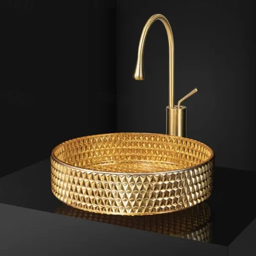 Bathroom Vessel Sink Round Contemporary Plating Glass Vessel Sink And Chrome Finish Waterfall Faucet Combo