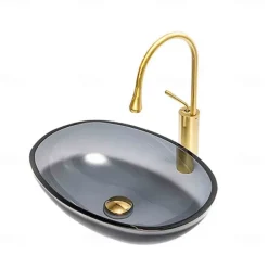 Bathroom Vessel Sink Tempered Glass Wash Basin Bowl Above Counter Art Vessel Sink with Water Drop Faucets and Pop-Up Drain